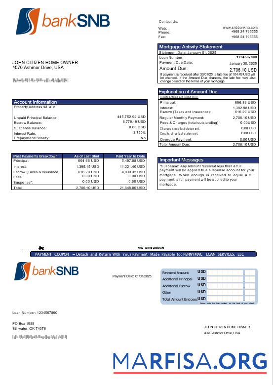 Printable USA Oklahoma SNB bank mortgage statement in Word and PDF formats sample